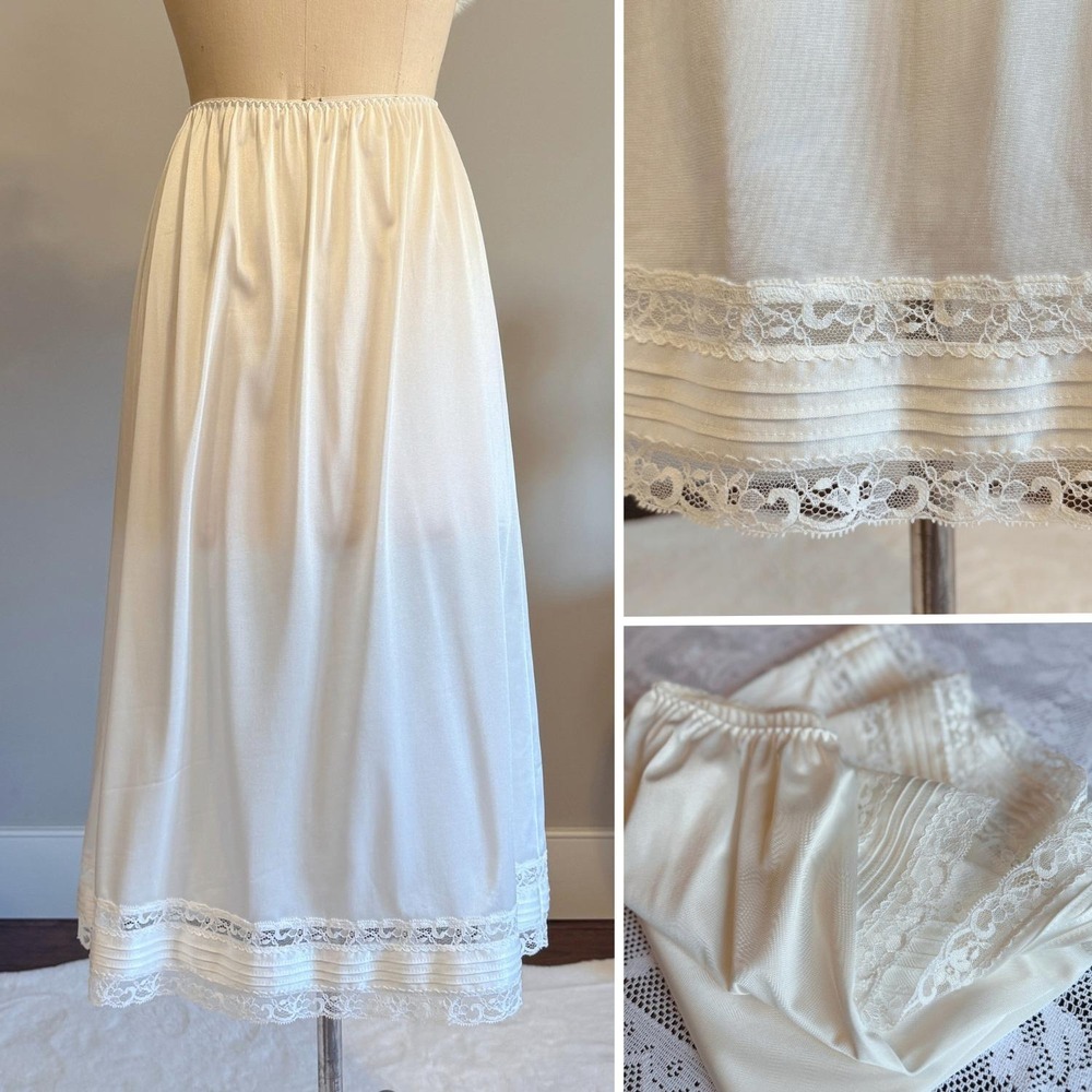 Vintage Ivory Half Slip Midi Satin Nylon Lace‎ Hem Small Cottagecore Small